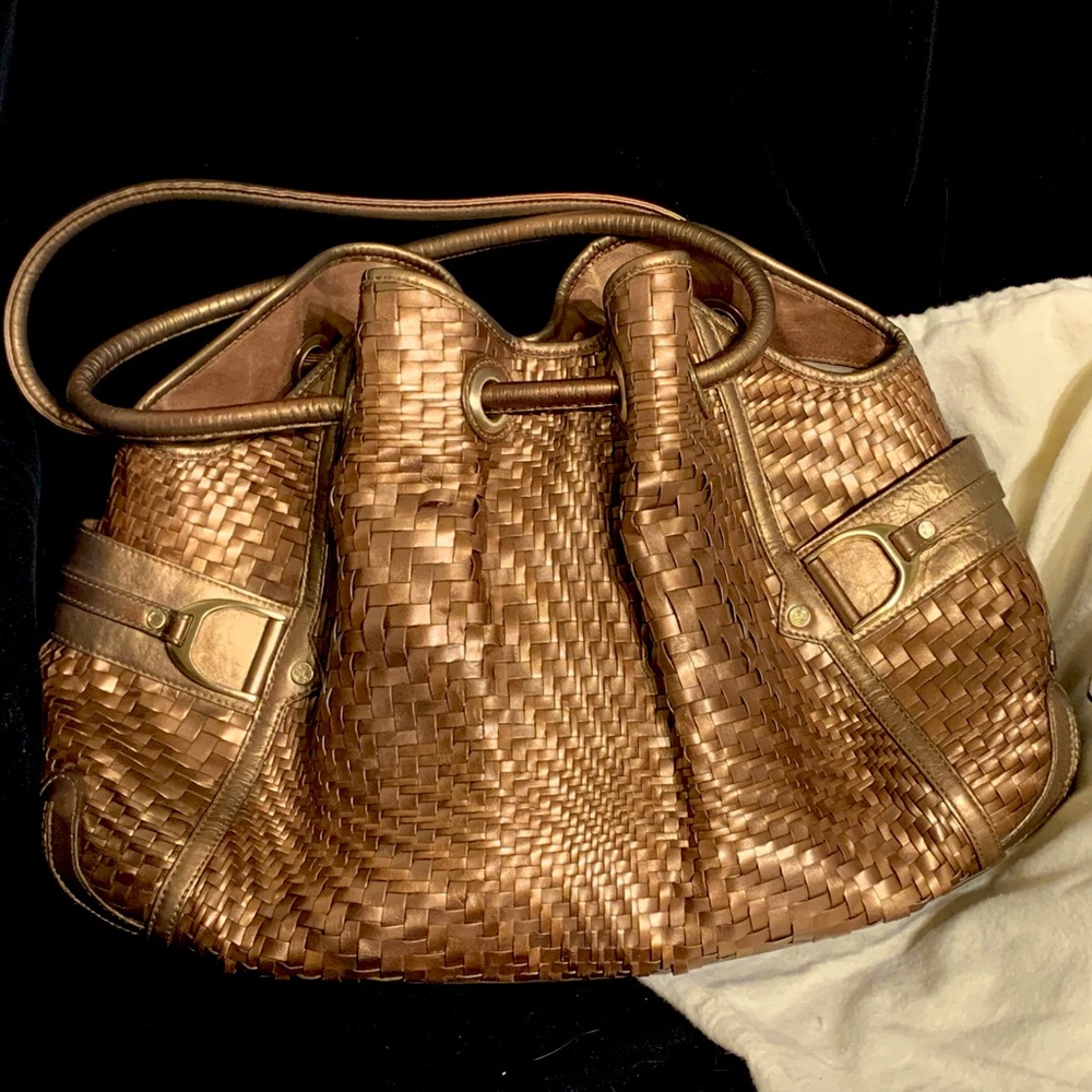 Cole Haan Genevieve XL Denney Copper Bronze Woven Saddle Bag